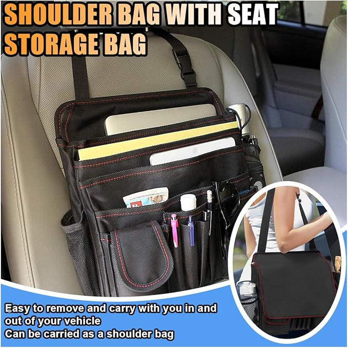 Car Front Seat Organizer, Car Backseat Organizer with Adjustable Shoulder Strap, Passenger Seat File Bag with Dedicated Laptop Tablet Holder Cup Holder for Car Law Enforcement (Black with Red Line)
