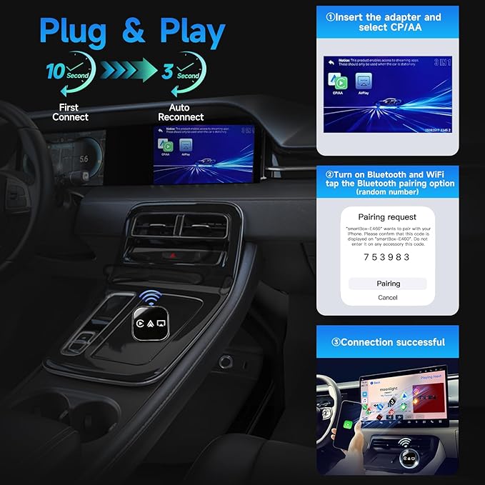 3 in 1 Mini Wireless CarPlay Adapter for iPhone,Carplay＆Android Auto＆Airplay(No Mirrorlink), iOS10+＆Android 11, Bluetooth 5.0,USB/Type-C,Plug & Play,5G-WiFi(Black)