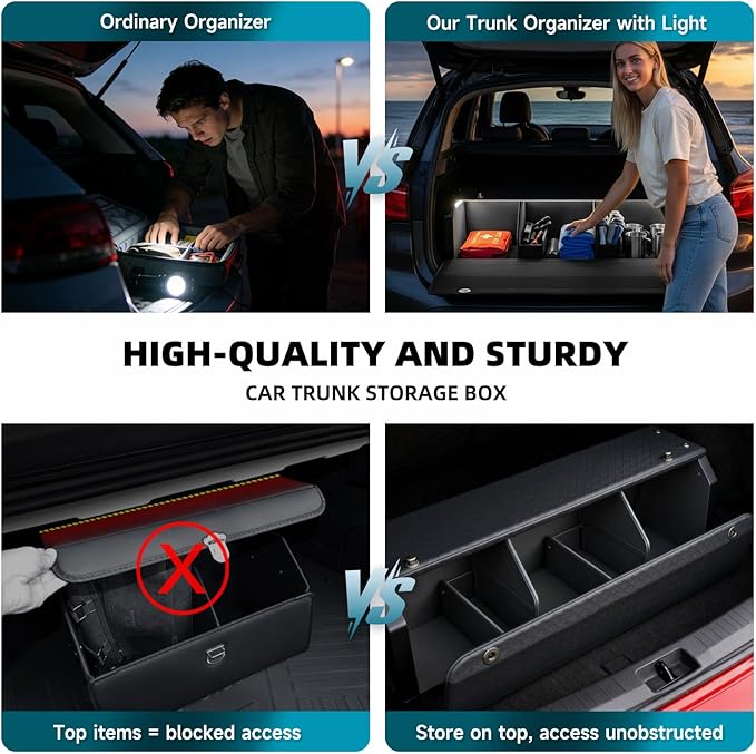 SUV Trunk Organizers and Storage with Lights, Car Storage Organizer with Lid & Sturdy Handle, Car Storage Bins for Groceries Powered by 4 AA Batteries (Batteries Not Included) (39.76inch)