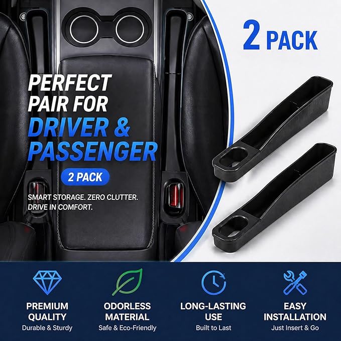 Seat Gap Filler for Tesla-Compatible Models – No More Lost Items, Custom Fit for Model Y & Model 3 (2020–2026), TPE Organizer with Storage, Easy Install, 2 Pack, Black