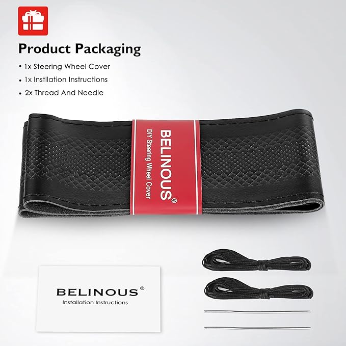 BELINOUS Leather Steering Wheel Cover Lace Up, Embossed Steering Wheel Wrap Fit for 13 3/4-16 Inch Car, Stitch on Wrap DIY w/Needle Thread (Size L5, Black)