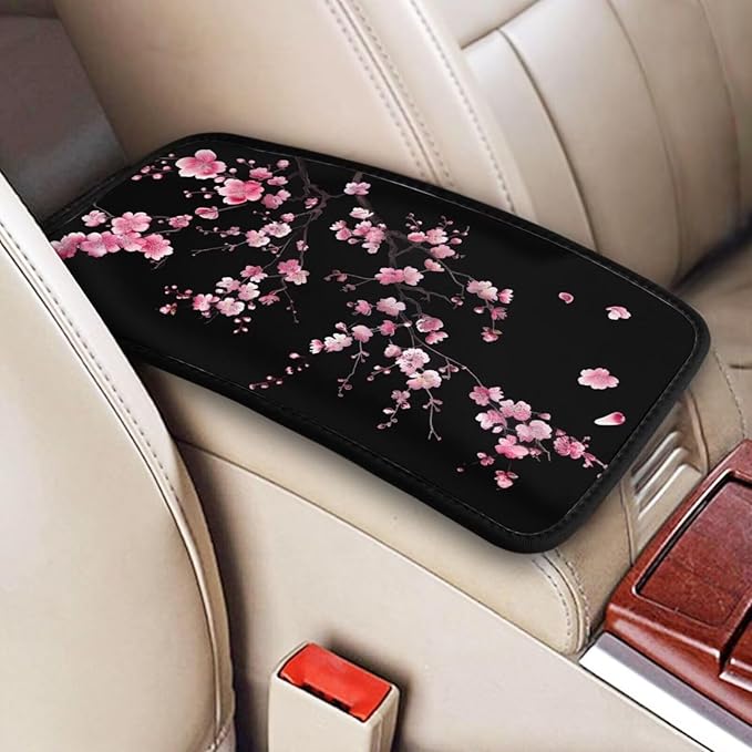 Center Console Cover Pink Floral Cherry Blossom Armrest Lid Cover Flower Arm Rest Cover Pad Middle Console Lid for Most Vehicle, SUV, Truck, Sedans, Black