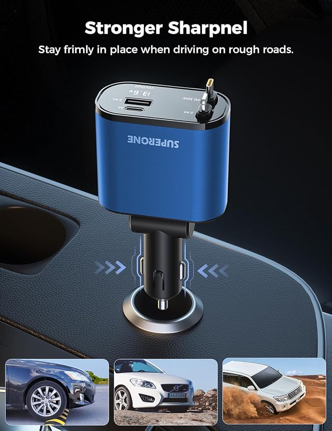 SUPERONE 【Upgraded】 Retractable Car Charger 4 in 1, Fast Car Phone Charger with Cord 2.6ft, USB C and Apple Car Charger Adapter, Compatible with iPhone 17/16/15/15 Pro Max/14/13/12/11, Galaxy, Pixel