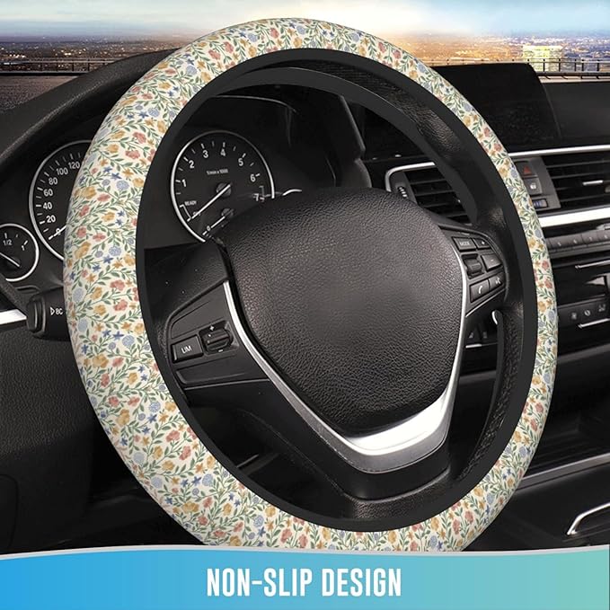 Elastic Steering Wheel Cover Car Accessories Cute Universal 15 Inch Absorbing Sweat Non-Slip Breathable for Woman - Green Floral