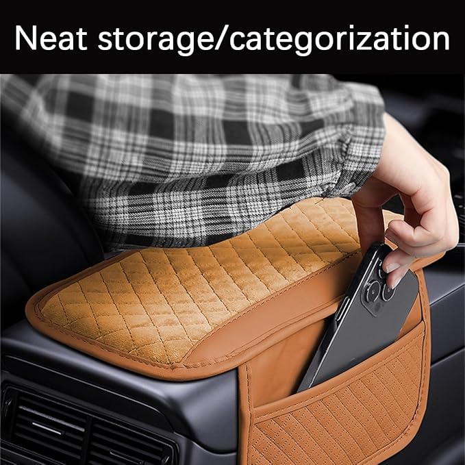 Car Center Console Cover, Leather Vehicle Armrest Cushion Pad with 2 Storage Bags, Auto Interior Middle Console Storage Box Protector Accessories, Universal for SUV, Sedan, Truck (Brown)