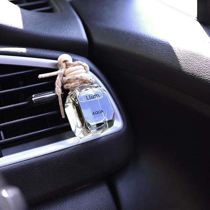 Llum Aqua Hanging Car Air Freshener – Luxury Automotive Perfume Diffuser 10ml (0.34 fl oz), Long-Lasting Fragrance, Alcohol-Free Non-Toxic Car Scent, Glass Bottle With Wood Cap & AC Vent Clip