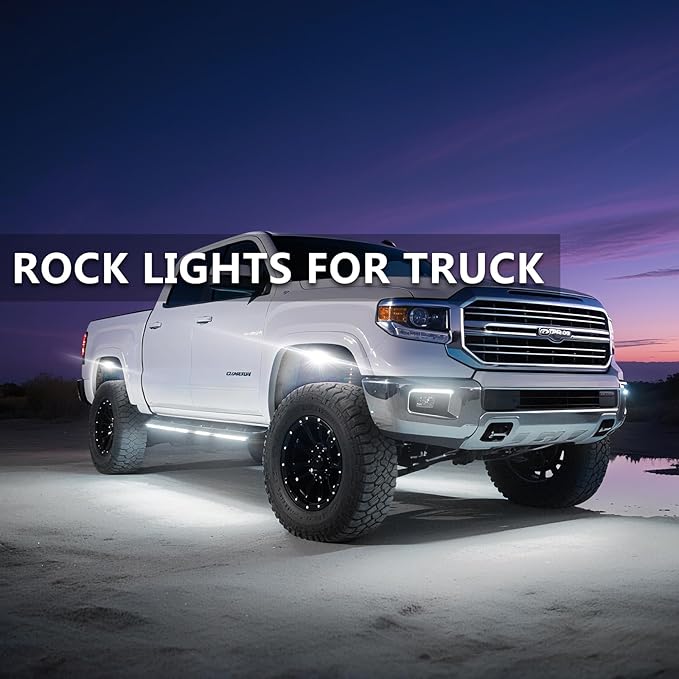 12 Pods Pure White LED Rock Lights, IP68 Waterproof Aluminum 6500K Bright White Underglow Light with Extension Cord Harness,12V Metal Fender Lights for Jeeps Trucks Off Road UTV ATV Car Golf RV Etc