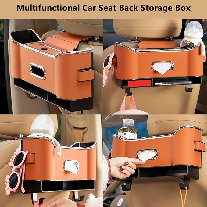 Multifunctional Car Seat Back Storage Box, Multifunctional Car Logo Seat Back Storage Box, Universal back seat car organizer, Car Tissue Organizer Back Seat with 2 Drink Cup Holder (Black)