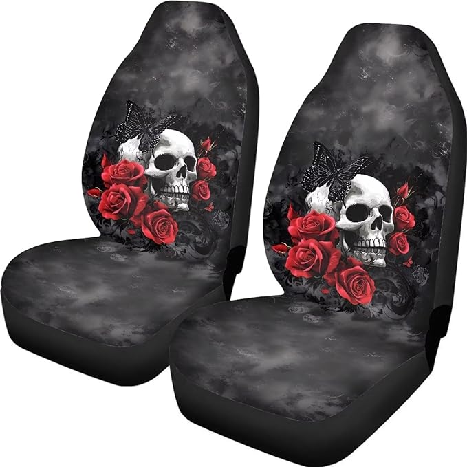 Cool Skull Rose Car Seat Covers for Front Seats Ethnic Style Bucket Seat Covers Universal Fit for SUV Truck Sedan Front Seat Protector,2 Piece Set