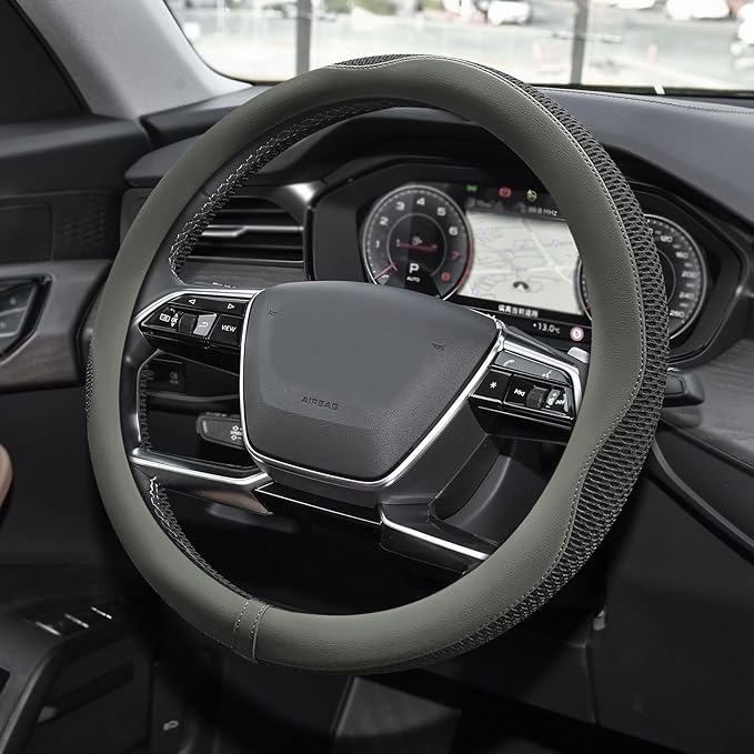 Car Steering Wheel Cover, Steering Wheel Accessories, Universal 15 Inch Microfiber Breathable LCE Silk, Car Accessories Breathable Anti-Slip Protector Universal for SUV Sedan Truck (Gray)