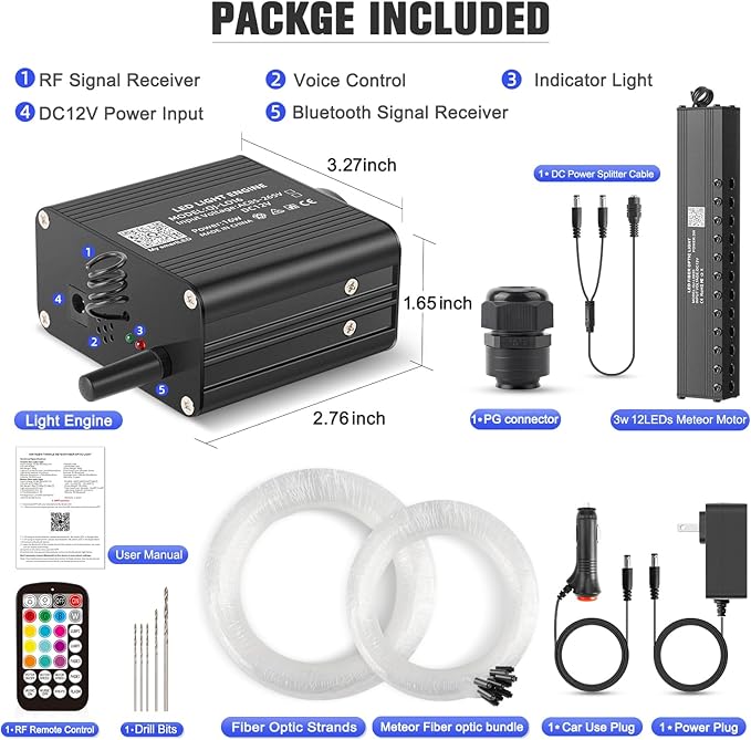 16W Meteor Twinkle LED Fiber Optic Lights, Bluetooth APP/Remote/Music Control RGBW Star Ceiling Light Kit+Adapter+Car Use Plug+Shooting Stars Light Kit, 450pcs*0.03in*9.8ft for Car/Home