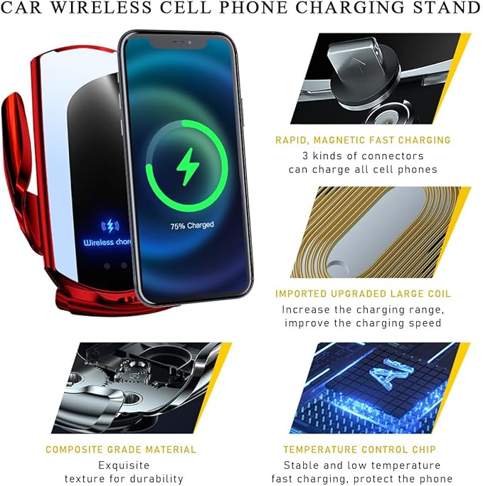 Ohleats Wireless Car Charger Mount, 15W Automotive Electric Wireless Charger Holder, Car Air Vent Mount Bracket Fast Charging for Most Smartphone, Universal Car Accessories (Red)