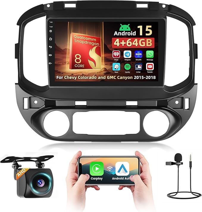 [Qualcomm 8Core] 4+64G Car Radio for Chevy Colorado/GMC Canyon 2015-2018 Base Mode (Low-end), Android 15 9-inch Touch Screen CarPlay Android Auto/6GHz WiFi/Bluetooth 5.0/1280 * 720P/DSP/EQ/FM/RDS/GPS