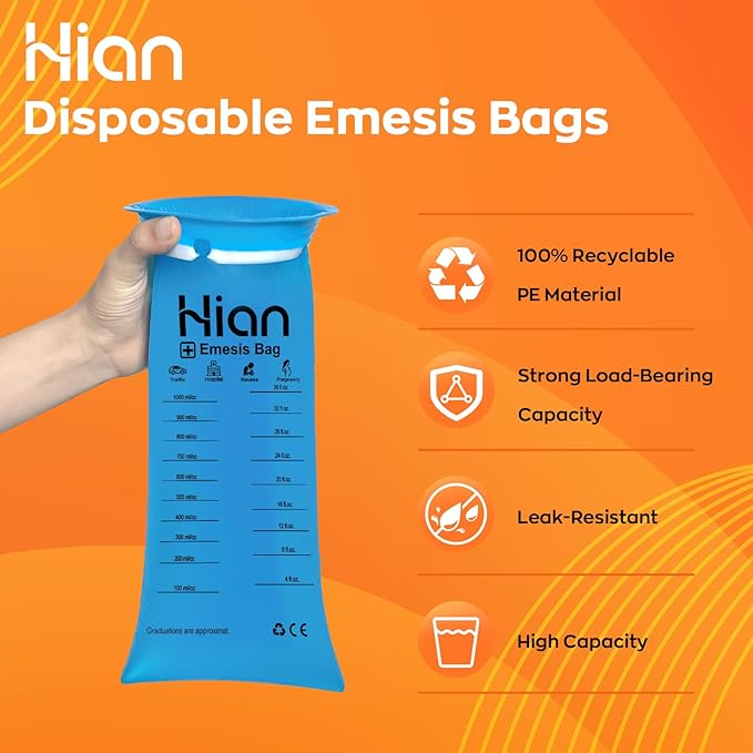 Hion Vomit Bags Disposable – 62 Pack 1000ml Emesis Bags – Leak Resistant, Medical Grade, Portable – Perfect for Motion, Car & Aircraft Sickness, Pregnant Women