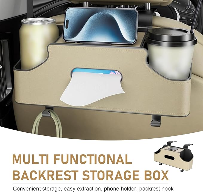 1 PC Backseat Organizer with Dual Cup Holder, Multi-function Tissue Hanging Box and 2 Hooks, Extra Rear Seat Road Trip Storage Accessories, Universal for Most Cars, Trucks, SUVs (Beige)