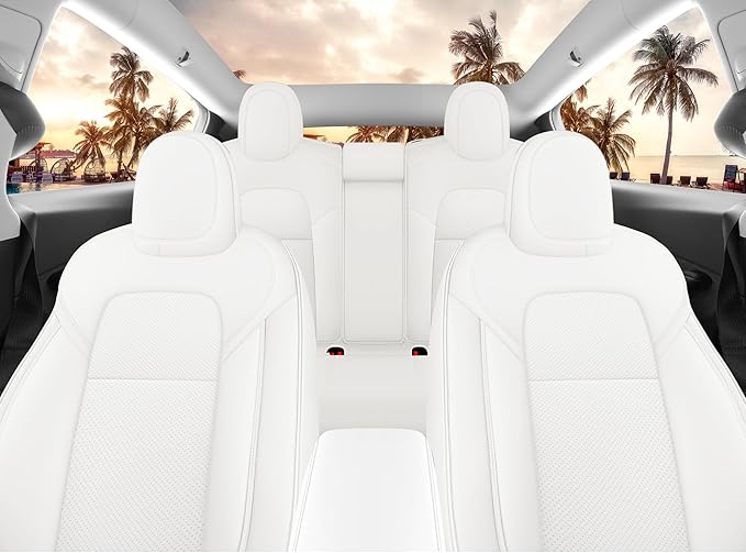 White Car Seat Cover for Tesla Model 3 2017 2018 2019 2020 2021 2022 2023 Waterproof Nappa Leather Seat Cover Full Set(White-Model 3)