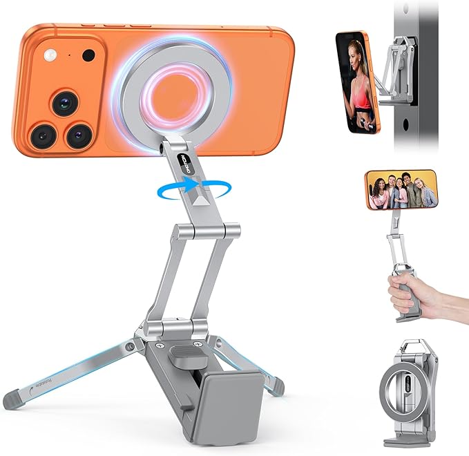 OMOTON TP02 360°Rotating for MagSafe Tripod Mount, Adjustable Aluminum Magnetic Phone Tripod for iPhone 17/16/15/14 Pro Max Air, Foldable Cell Phone Stand Fits Vlog, Gym, Travel Essentials, Silver