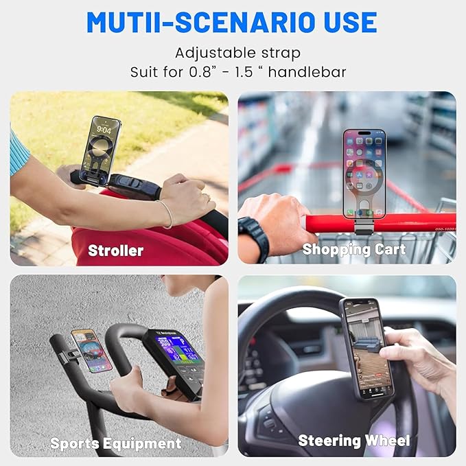 Magnetic Phone Holder for Car, Steering Wheel Phone Holder [Strong Magnet], for MagSafe, Adjustable Strap Compatible with Gym Equipment, Stroller, Shopping Cart, All Phone(Magnetic Ring Included)