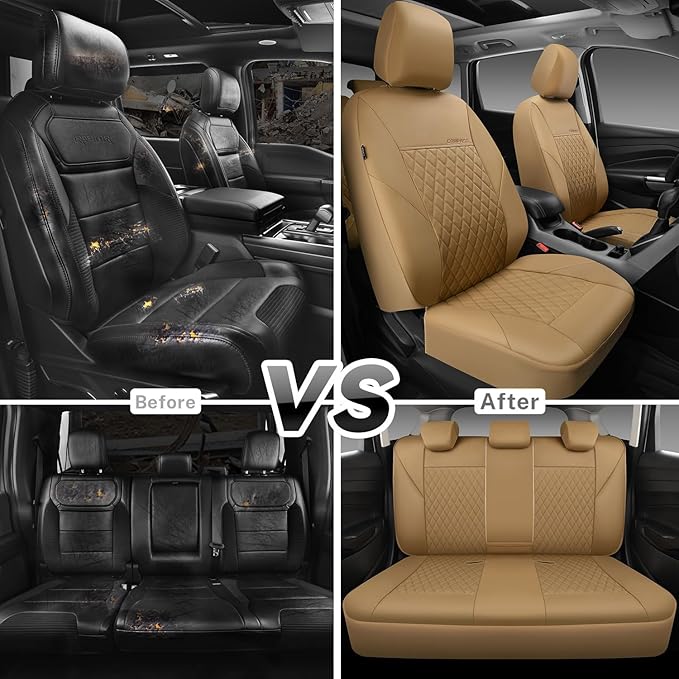 CAR PASS Faux Leather Seat Covers Full Set, Quilting Waterproof Premium Automotive Seat Cover with 5mm Composite Sponge Inside,Airbag Compatible, Universal for Most Cars Sedan SUV Truck, All Beige