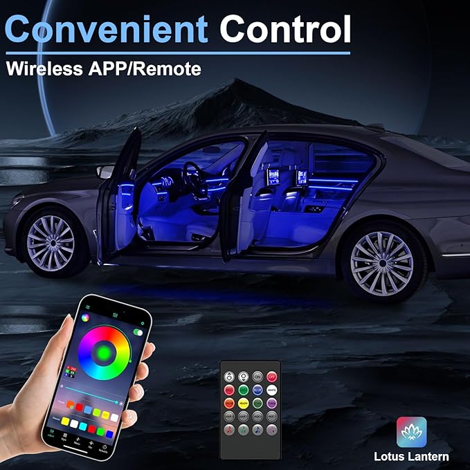 Interior Car LED Lights with Wireless APP/RF Remote Control, RGB 6 in 1 Ambient Lighting Kit with 315 Inches Fiber Optic,16 Million Color Neon Strip Inside Sync to Music,Car Decorations Accessories