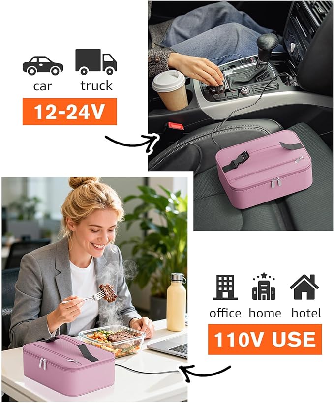 Portable Food Warmer - Heated Lunch Box for Adluts - Electric Thermal Lunch Bag with Buckle Handle, Heating Food Warmer Bags for 12V/24V Car & Truck, 110V/220V Home/Office, Pink