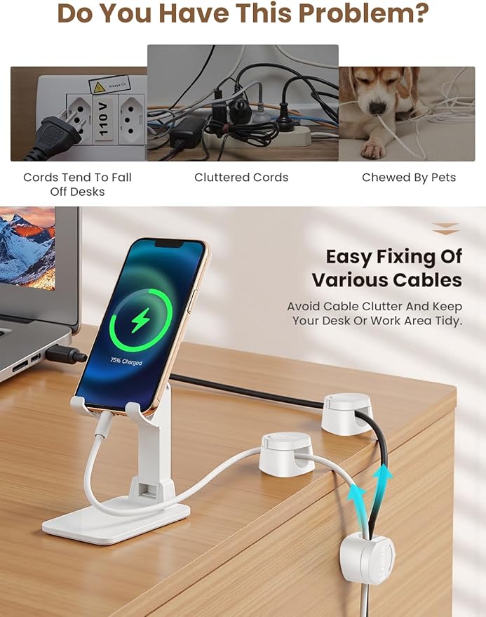 Kanemc Cable Clips Cord Holder for Desk, 360° Spin Magnetic Wire Organizer Self Adhesive Cord Management for Office Desks Cars Home Kitchen Electronic Accessory (White, 9 PCS)