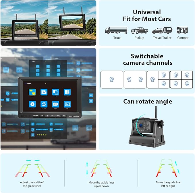 ZEROXCLUB Magnetic Wireless RV Backup Camera System: 7" HD 1080P DVR Monitor with 2-Rear Camera, DVR Monitor & IR Night Vision, Portable Rechargeable Camera for RV/Trailer/Fifth Wheels/Camper BC702