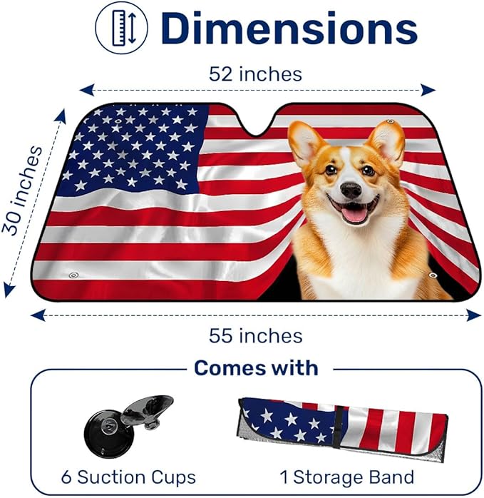 GENANY Corgi Flag Windshield Sun Shade for Car SUV Truck (55x30 Inches), Sun Shade Windshield, Shades for Front Windows, Protector Blocks UV, Car Decor