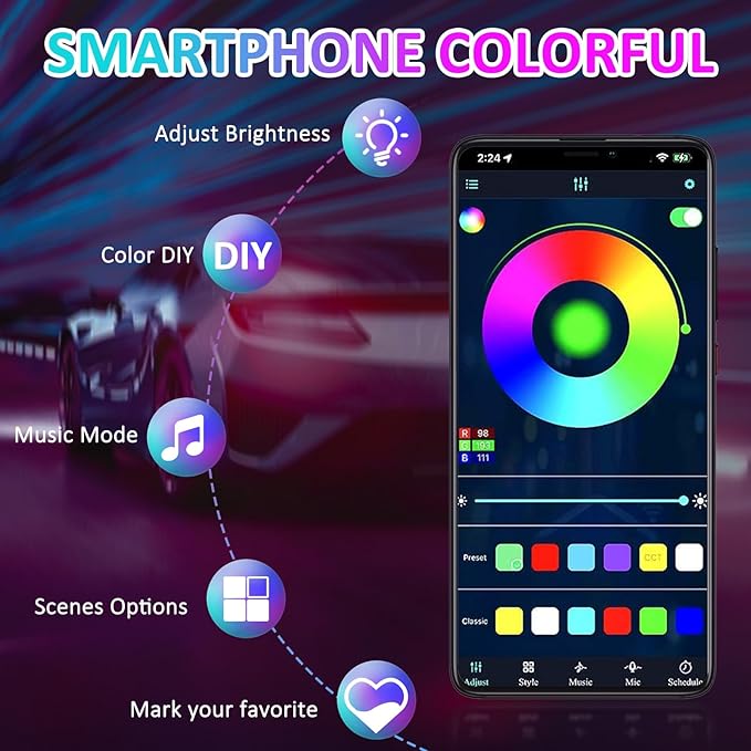 YUGUANG 4Pcs Underglow Kit for Car, APP Control Multicolor Car Underglow Light Kit Music Sync RGB Underbody Strips Light Waterproof for Cars Trucks SUVs