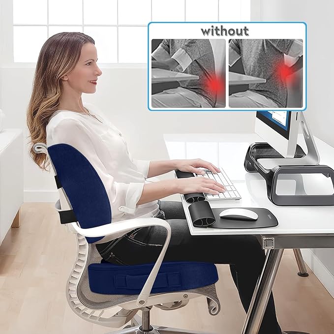 CloudBliss Lumbar Support Pillow & Seat Cushion Set for Office Chair, Desk Chair, Wheelchair & Car–Memory Foam Back Support,Ergonomic Chair Cushions, Sciatica Pain Relief,Home Essentials(Blue,XL)