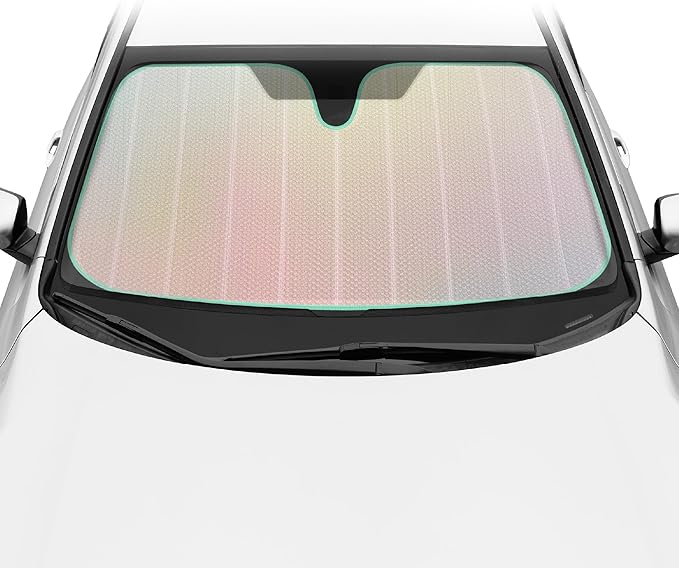 Iridescent Matte White Front Windshield Sunshade-Accordion Folding Auto Shade for Car Truck SUV-Blocks UV Rays Sun Visor Protector-Keeps Your Vehicle Cool- 58 x 27 in