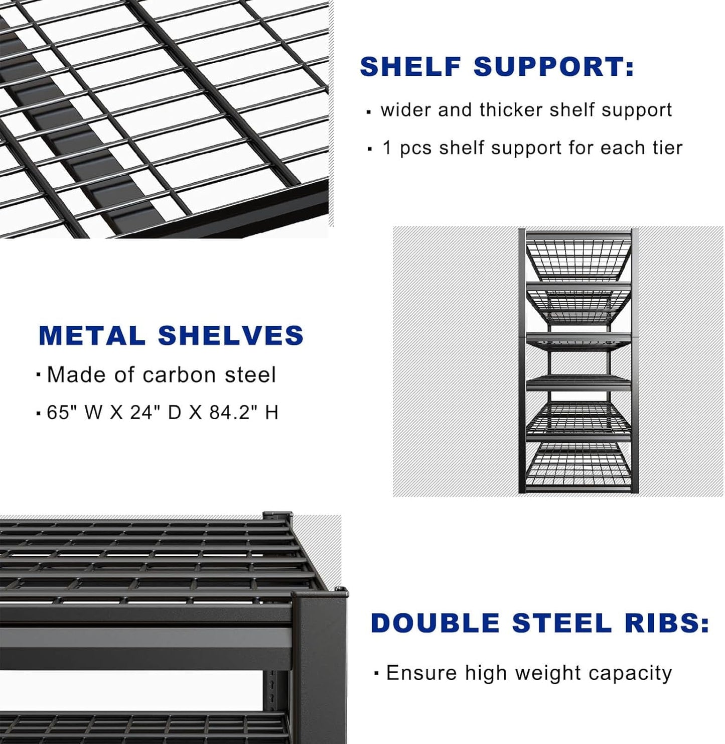 65" W Garage Shelving Heavy Duty, 6 Tier Garage Shelves, Adjustable Storage Shelving Unit, Commercial Metal Shelf for Warehouse, Pantry, School, Shop, 4 Pack