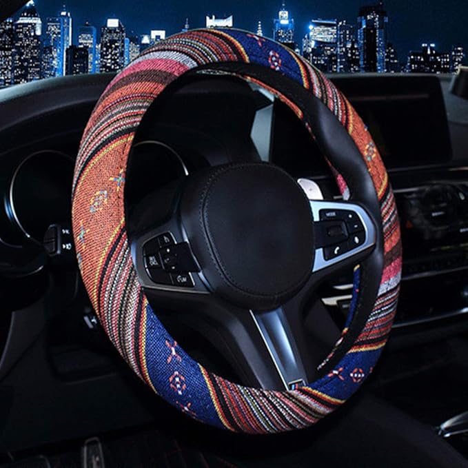SHIAWASENA SHIAWASENA Car Steering Wheel Cover, Coarse Flax Cloth, Ethnic Style, Universal 15 Inch Fit, Anti-Slip Sweat-Absorbent (1#)