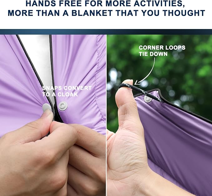 zzlamb Camping Blanket for Cold Weather,Outdoor Puffy Blanket Portable Down Alternative,Windproof Warm Cloak with Snaps,Cozy Quilt Backpacking Picnic RV Travel Plane Car Hammock Beach Climbing