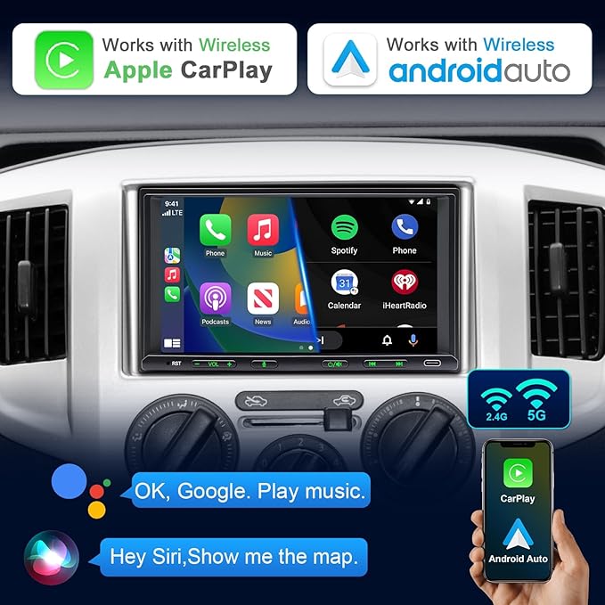 Double Din Car Stereo Radio Wireless CarPlay Wireless Android Auto, 7in Touchscreen Car Audio Receiver with Bluetooth,Rearview Camera,AM/FM, GPS Navigation,Mirror Link,Subwoofer,USB/AUX/SWC