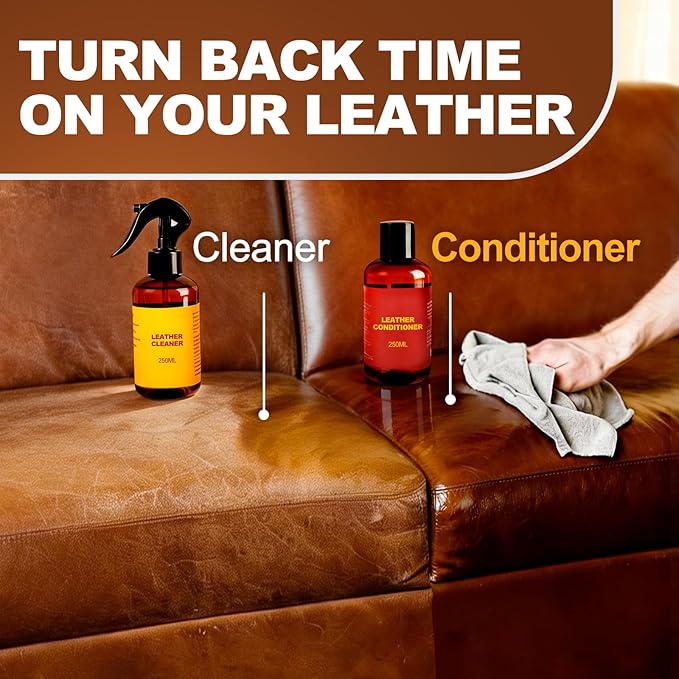 Leather Cleaner and Conditioner for Couch: Complete 2-Step Care Set for Car Interior Furniture Sofa Shoes Bags & Jackets - Restores Dry Cracked Faded & Scratched Leather