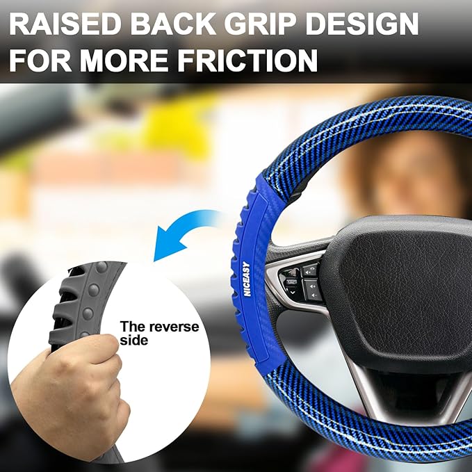 Sport Style Blue PU Leather Steering Wheel Cover with Bright-Blue Sport Grip Anti-Slip Breathable Steering Wheel Accessory Universal Fit 14.75-15 inch