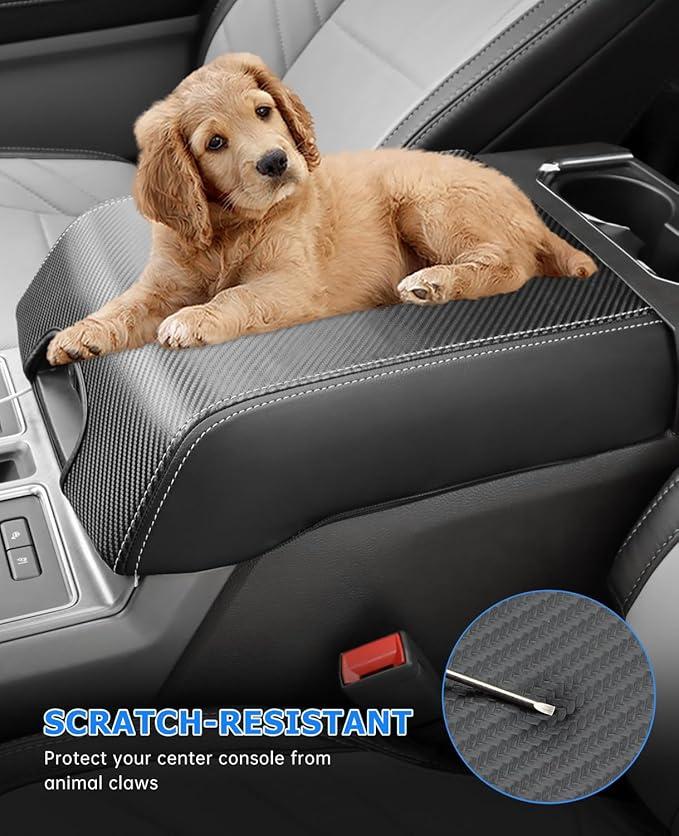 INTGET Center Console Cover for Ford F150 Accessories 2015-2020 2016 2017 2018 2019 Car Middle Lid Seat Armrest Cover Protector Elbow Cushion Pad (Carbon Fiber Texture, 2015-2020)