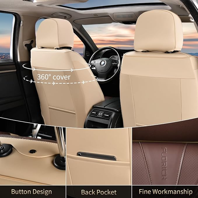 FLORICH Front Seat Covers 2 Pieces Universal Seat Cover for Cars Breathable Leather Waterproof Car Seat Cover Driver Seat Cover Automotive Car Seat Cushion Fit for Most Cars SUV Trucks, Beige&Coffee