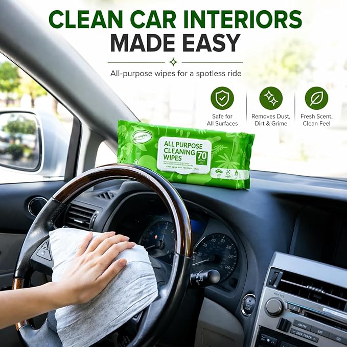 Air Jungles All Purpose Cleaning Wipes 70 Count, Extra Large 8" x 10" Heavy Duty for Car Interior, Kitchen, Bathroom, Gym Equitment, Tools - Non-Toxic Safe for Multi-Surface