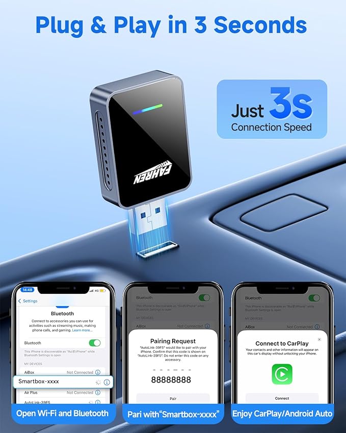 FAHREN 2-in-1 Wireless CarPlay & Android Auto Adapter, One-Click User Switching Car Play Wireless Adapter, Converts Wired to Mini Bluetooth Carplay adapter, Compatible iOS & Android with USB A & USB C