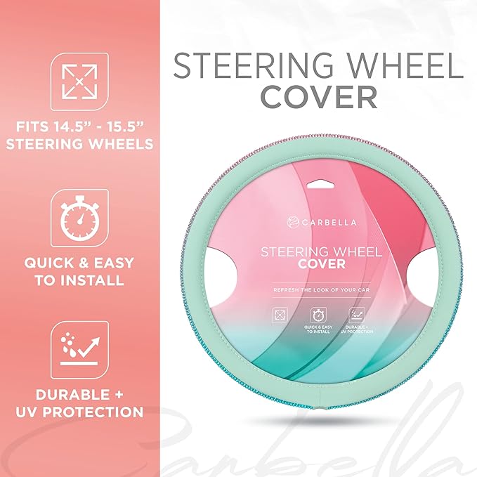 Carbella Mint Green Diamond Bling Steering Wheel Cover, Standard 15 Inch Size Fits Most Vehicles, Cute Faux Leather Car Steering Cover with Rhinestone Crystal, Car Accessories for Women
