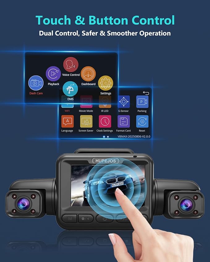HUPEJOS AI 4K Dash Cam Front and Rear Recording with Driver Monitoring System,STARVIS 2,360° View 4 Channel Dashcam Free 64G Card,5G Wi-Fi GPS,3" Touch Screen,Night Vision,CPL,24/7 Parking Mode,V8 MAX