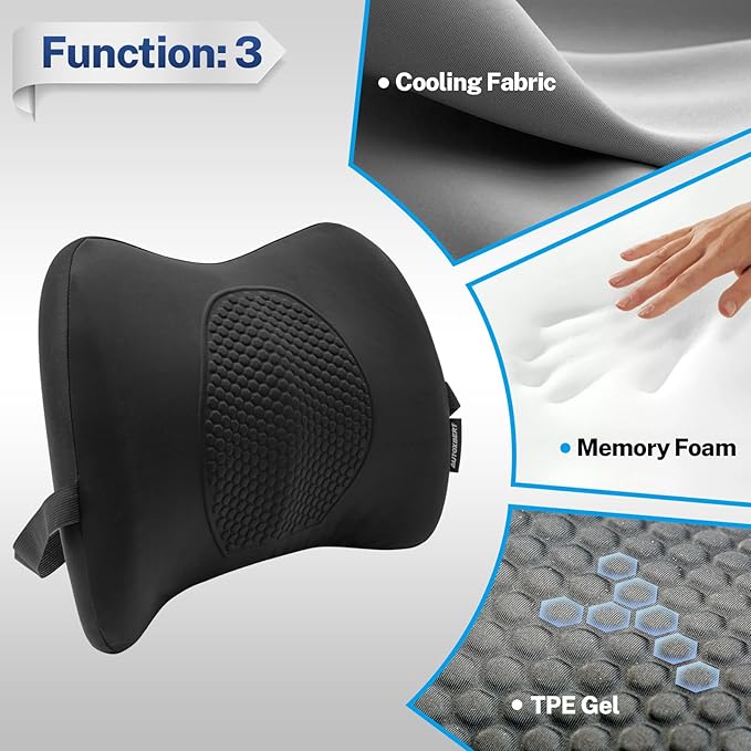 XUKEY Lumbar Support Pillow for Car, Memory Foam and TPE Gel Lumbar Pillow for Lower Back Pain Relief,Back Cushion for Driving Chair Support for Car Office Chair Wheelchair (Black)