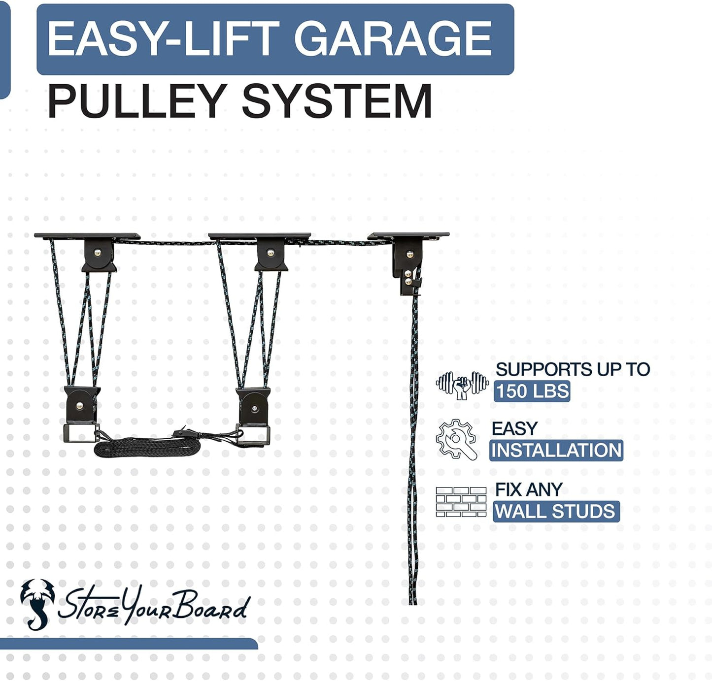 Teal Triangle Heavy Duty Elite Kayak Hoist, Easy-Lift Garage Pulley System, Holds 150 lbs, Fits 12-Foot+ Ceilings, Patented No-Slip Strap, No Setup Required