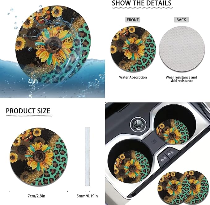 Sunflower Car Accessories 6pcs Set Leopard Hippie Steering Wheel Cover Handbrake Gear Cover Cup Coasters Set for Truck SUV