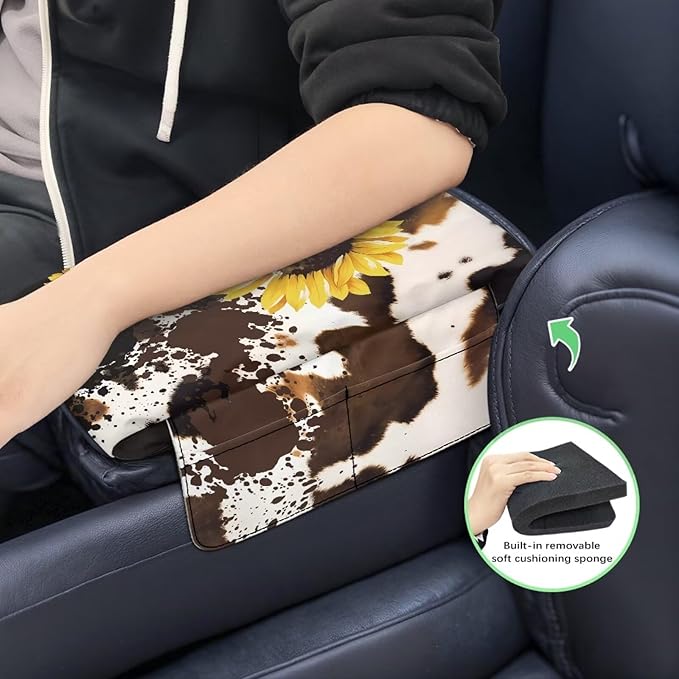 Dreaweet Brown Cow Print Center Console Cover Pad Cute Sunflower Car Accessories for Women Arm Rest Cover with Pockets for Car SUV Truck Non Slip Scratch Proof Thick Car Armrest Cushion