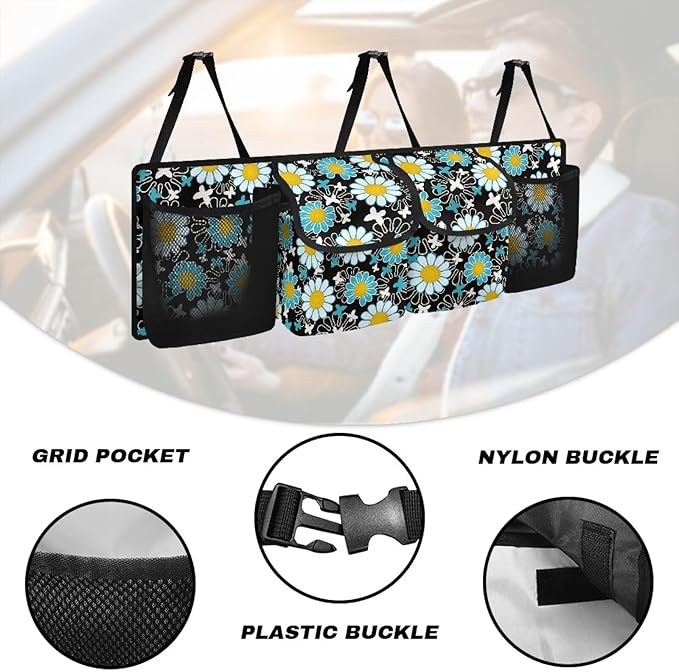 Cartoon Sunflower Print Car Trunk Organizer, Car Accessories Universal Detachable Foldable Car Back Seat Storage Bag with 4 Pockets for Most SUVs Sedans Trucks Vans