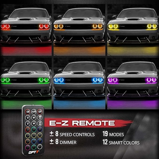 OPT7 Aura Halo Accent Lights for 2008-2023 Dodge Challenger with Remote Control, 12" Multi-Color LED Strip, Car Neon Lighting Kit