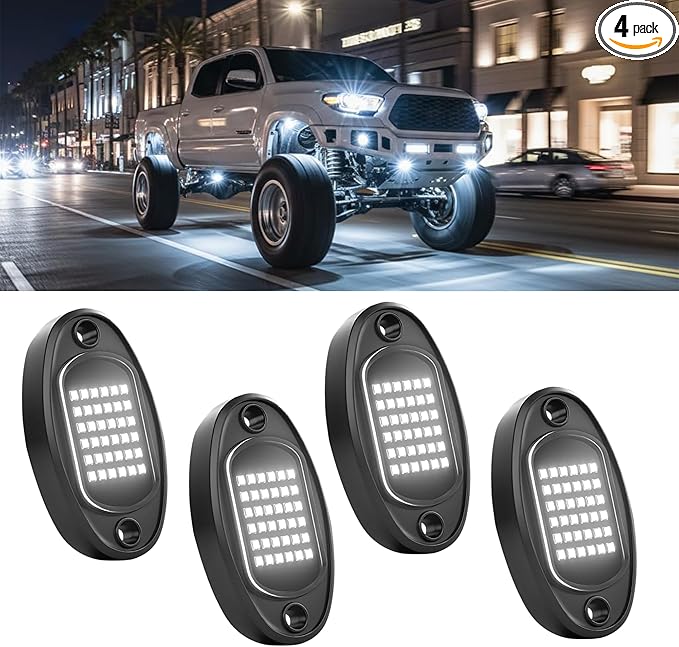 4 Pods White Rock Lights 6000K Pure White 36 LEDs SMD Chips Super Bright Neon Underglow Light IP68 Waterproof for Pickup Trucks SUV UTV ATV RZR Car Boats